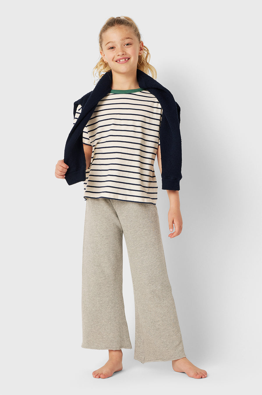 Model wearing Kids French Flare Pant in Heather Grey Cotton little lady & petit sailor