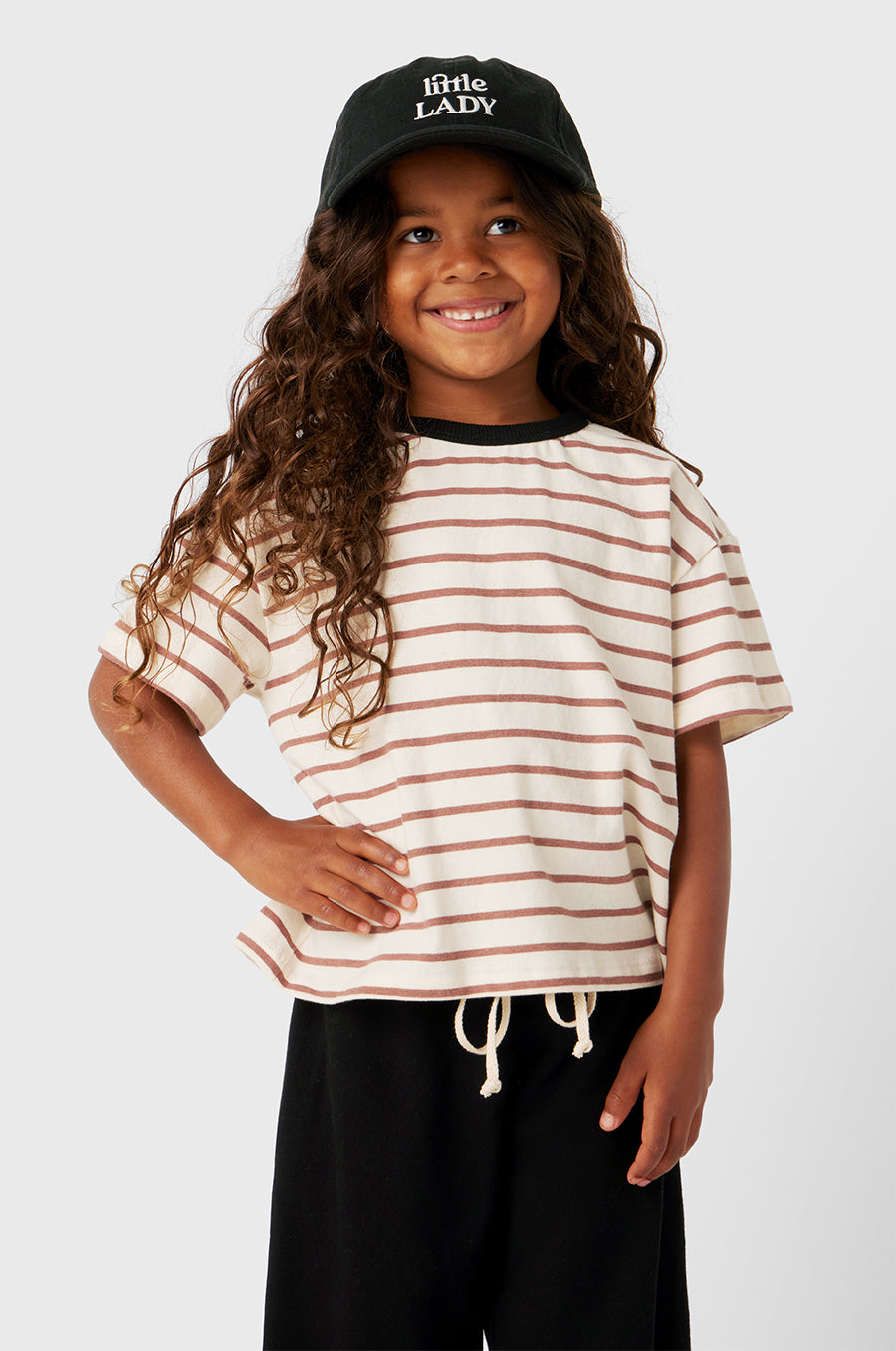 Model wearing Little Lady Baseball Cap in Black/White little lady & petit sailor