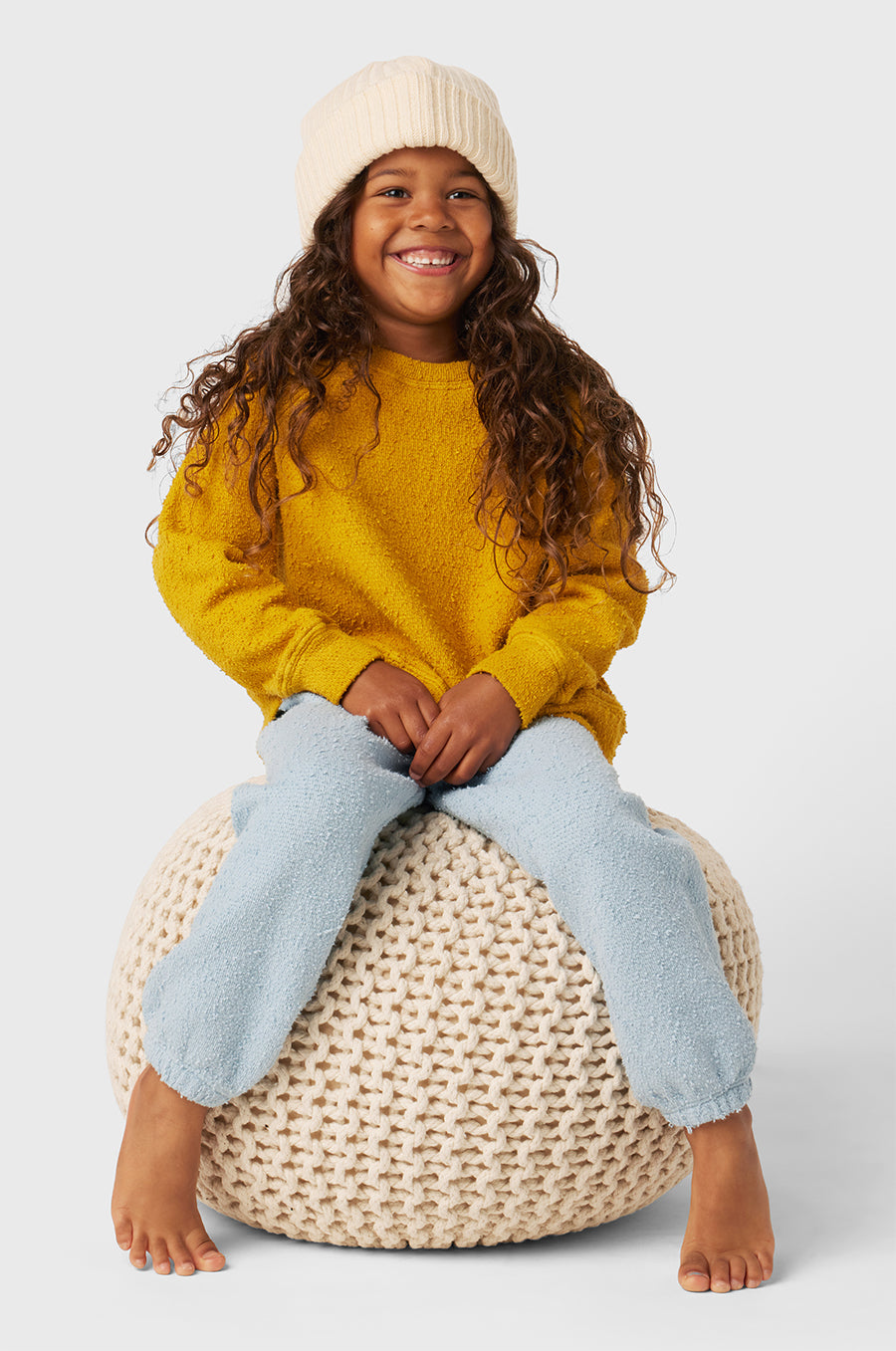 Model wearing Kids Vintage Sweatpants in Sky Blue Bouclé little lady & petit sailor