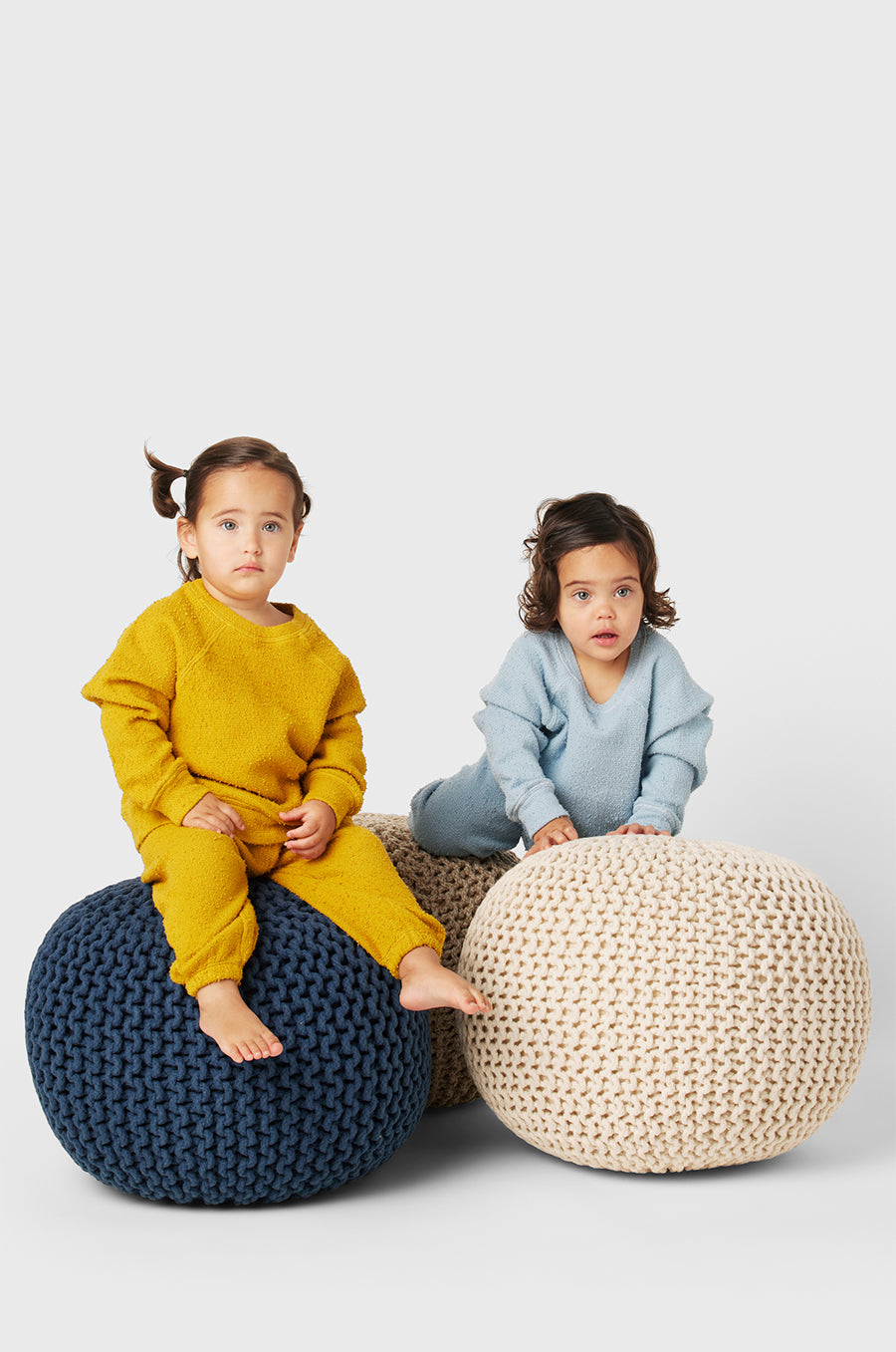 Model wearing Kids Vintage Sweatpant in Marigold Bouclé Kids yellow sweatpants little lady & petit sailor