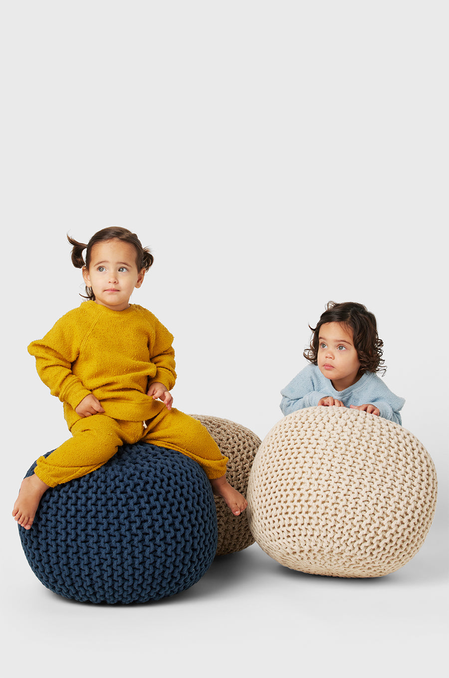 Model wearing Kids Vintage Sweatpant in Marigold Bouclé Kids yellow sweatpants little lady & petit sailor