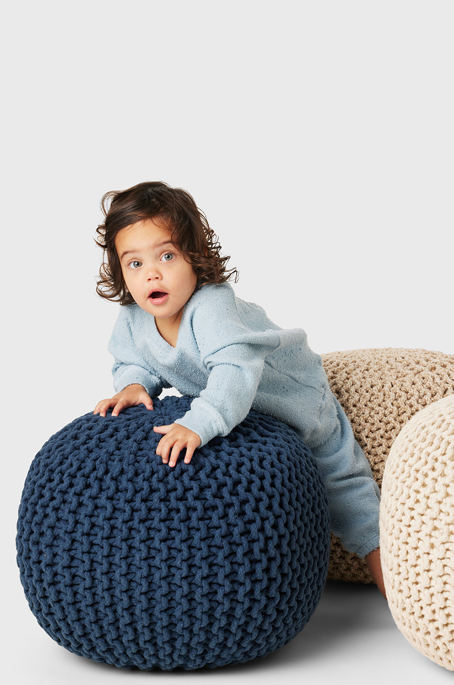 Model wearing Kids Vintage Sweatpants in Sky Blue Bouclé little lady & petit sailor