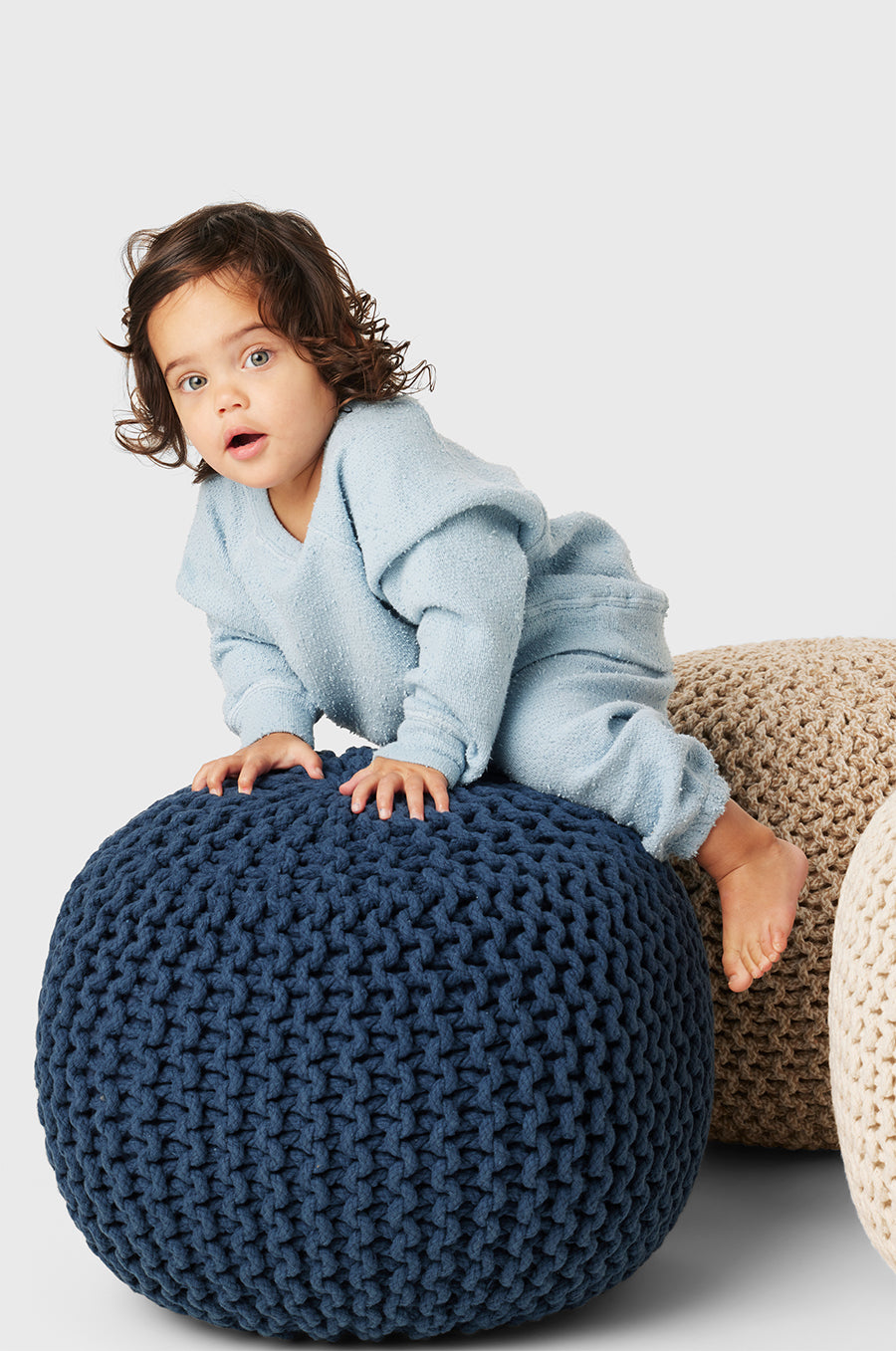Model wearing Kids Vintage Sweatpants in Sky Blue Bouclé little lady & petit sailor