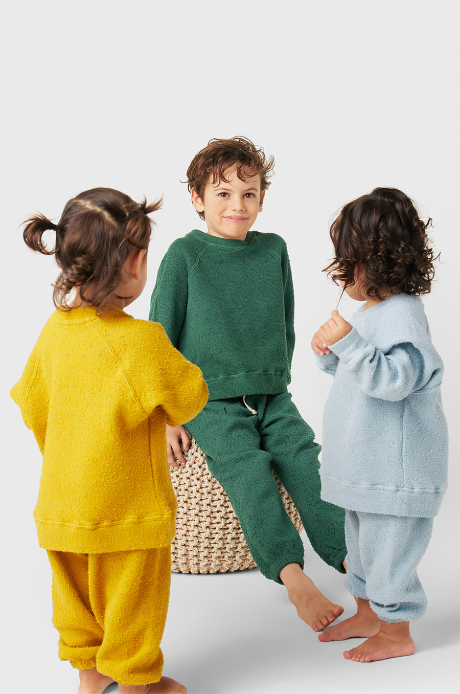 Model wearing Kids Vintage Sweatpants in Pine Bouclé little lady & petit sailor