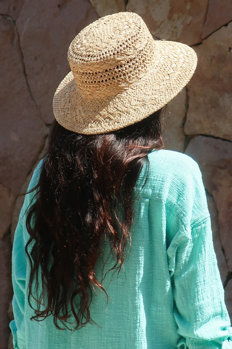 Model wearing Lack of Color Inca Wide Bucket Hat in Natural