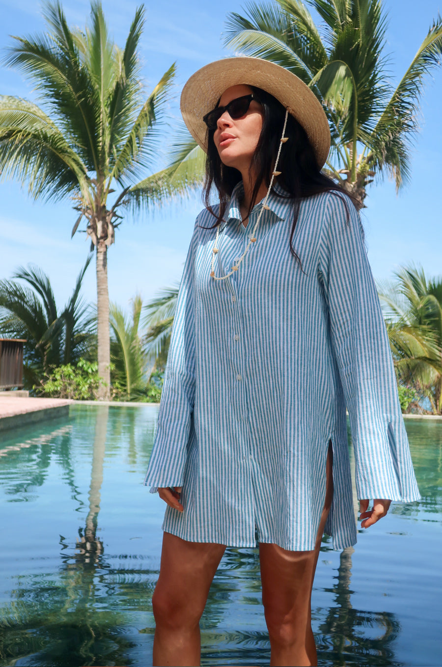 Model wearing the Side Slit Tunic in Ocean Stripe