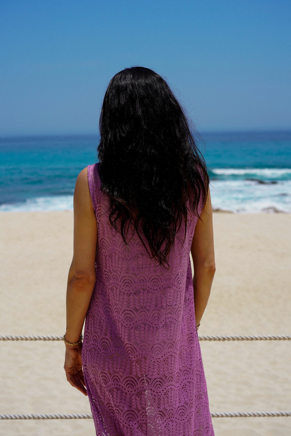 Model wearing the lady & the sailor Long Shift Tunic in lavender lace.