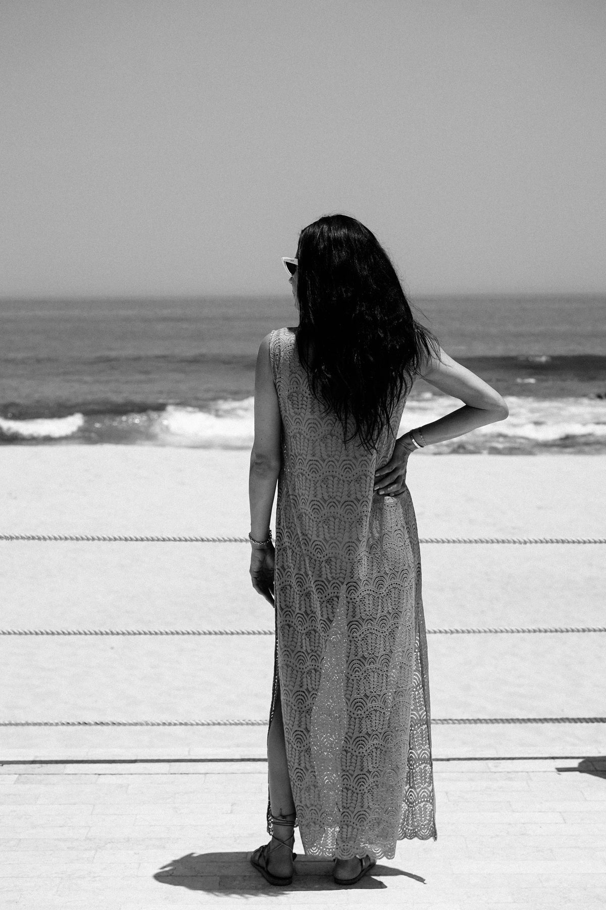 Model wearing the lady & the sailor Long Shift Tunic in lavender lace.