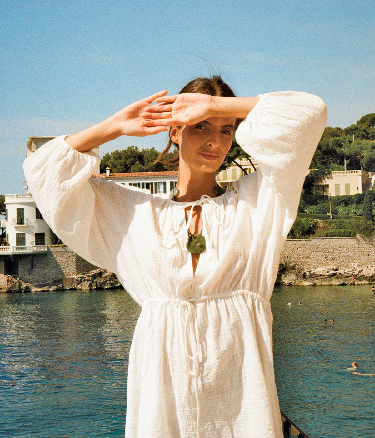 Model wearing the lady & the sailor linen resort dress
