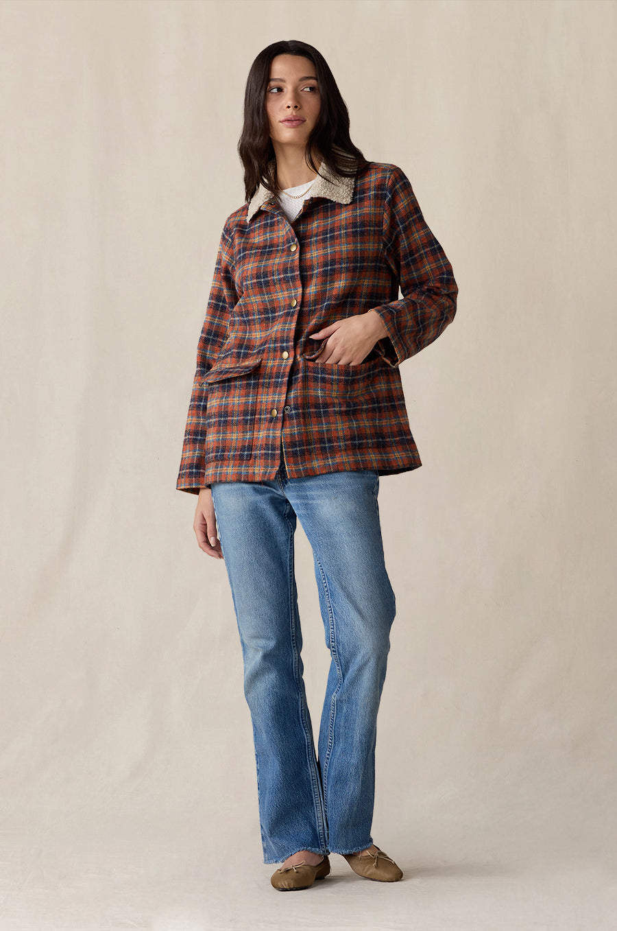 Plaid Pocket Jacket in persimmon styled with the Classic L/S Crew in ivory waffle knit - the lady & the sailor