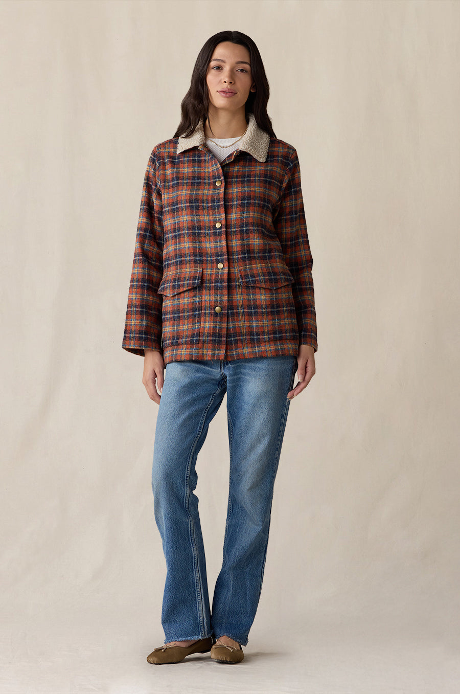 Plaid Pocket Jacket in persimmon styled with the Classic L/S Crew in ivory waffle knit - the lady & the sailor