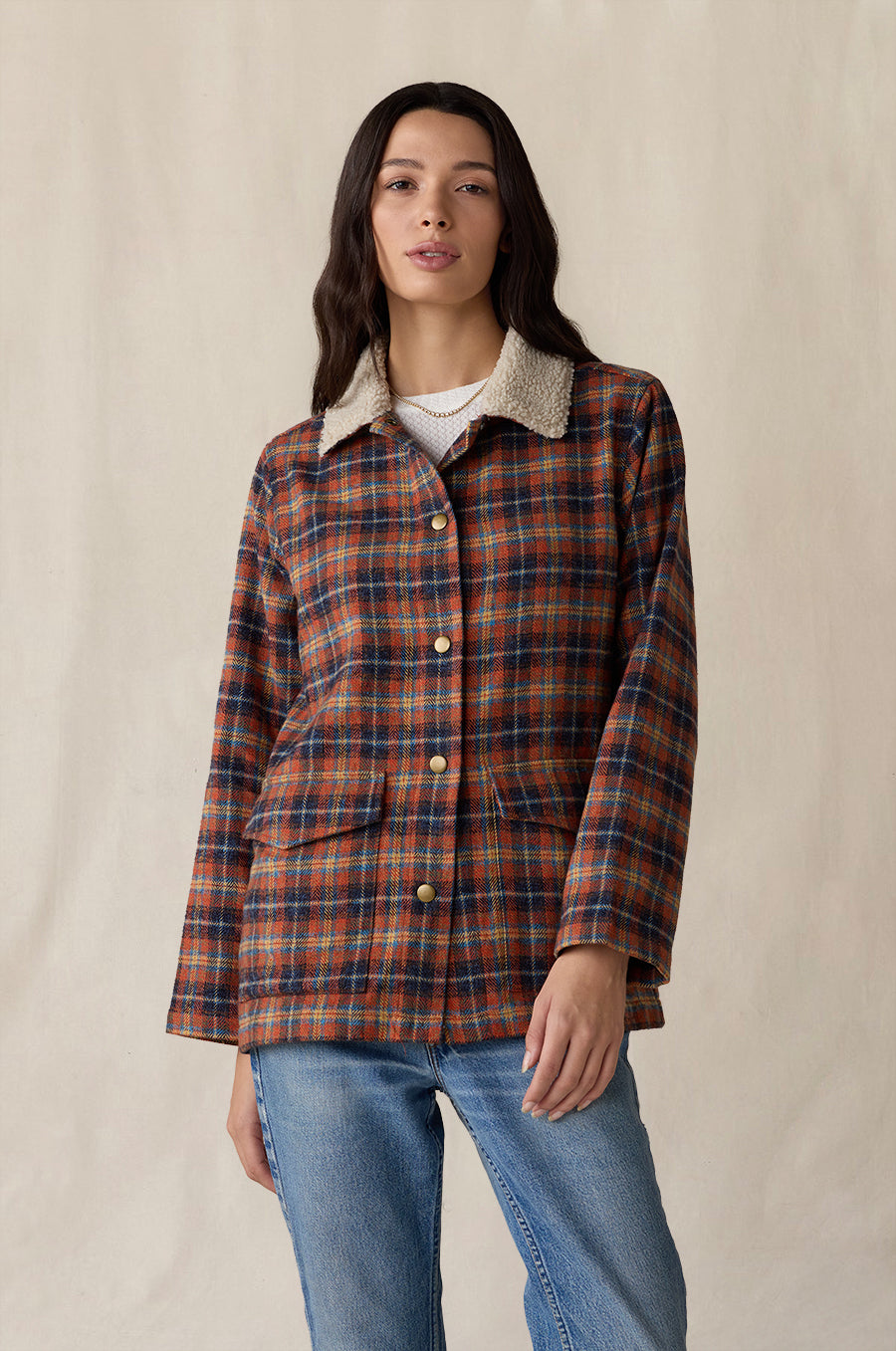 Plaid Pocket Jacket in persimmon styled with the Classic L/S Crew in ivory waffle knit - the lady & the sailor