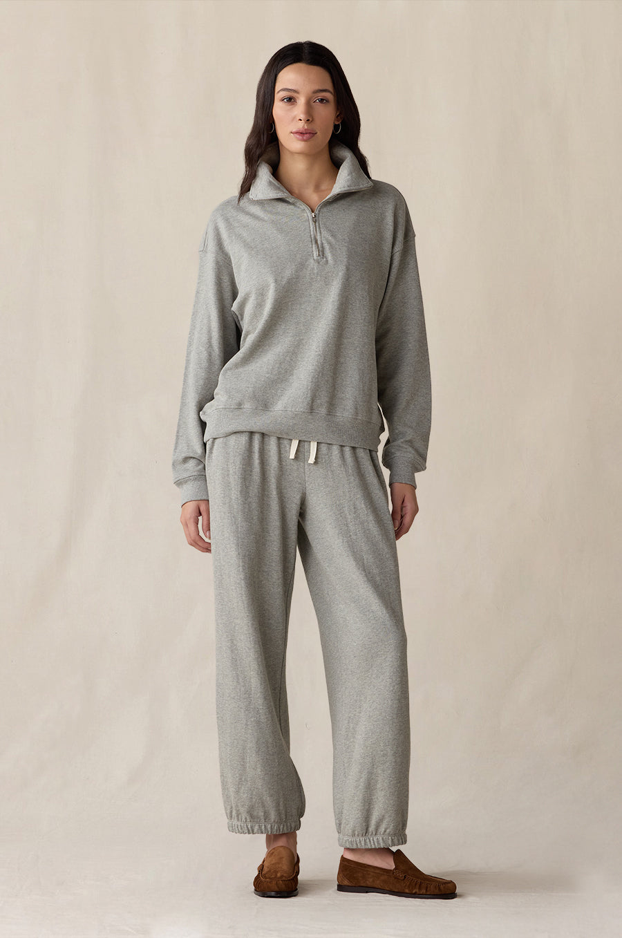Quarter Zip Sweatshirt and Relaxed Pocket Sweatpant in heather grey terry - the lady & the sailor