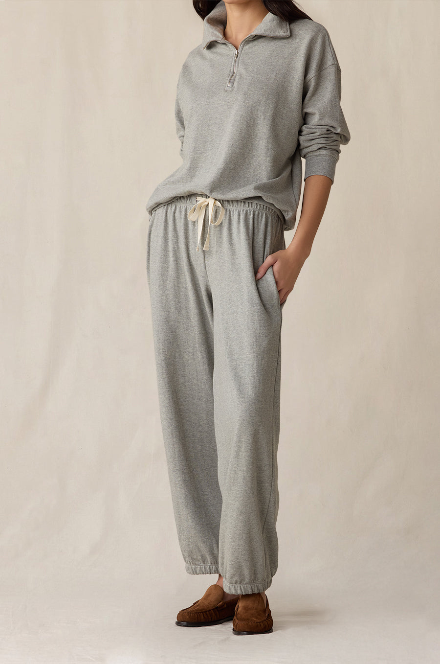 Quarter Zip Sweatshirt and Relaxed Pocket Sweatpant in heather grey terry - the lady & the sailor