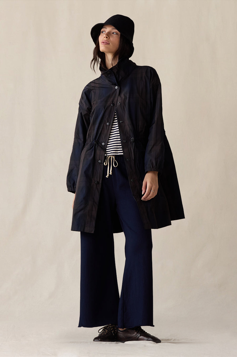 Anorak Jacket in midnight tartan styled with the French Flare Pant in navy, Shrunken BF Tee in stripe and Knit Chapeau in black - the lady & the sailor