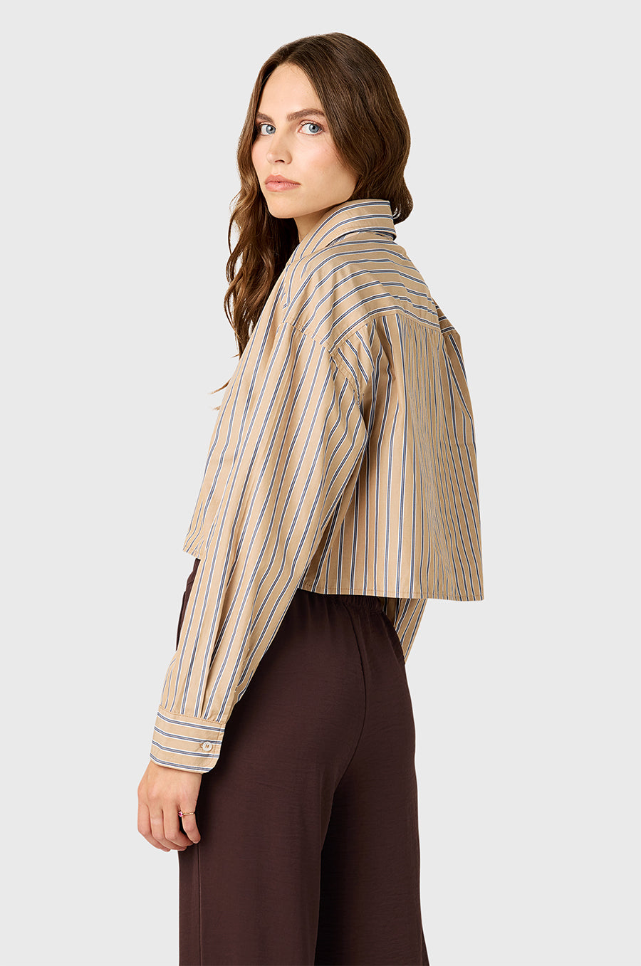Model wearing the lady & the sailor High Waisted  Drawstring Pant in Chocolate Air Flow.