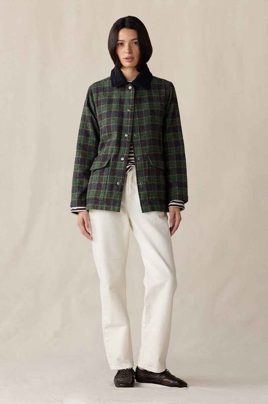 Plaid Pocket Jacket in forest green styled with the Relaxed L/S Tee in cocoa stripe - the lady & the sailor