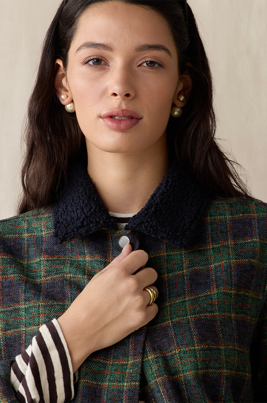 Plaid Pocket Jacket in forest green styled with the Relaxed L/S Tee in cocoa stripe - the lady & the sailor