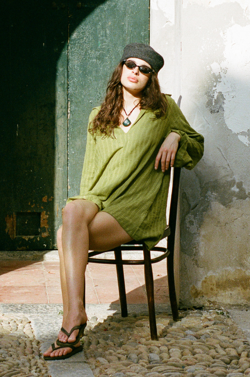 collared shift mini dress in kiwi/gold stripe - the lady & the sailor