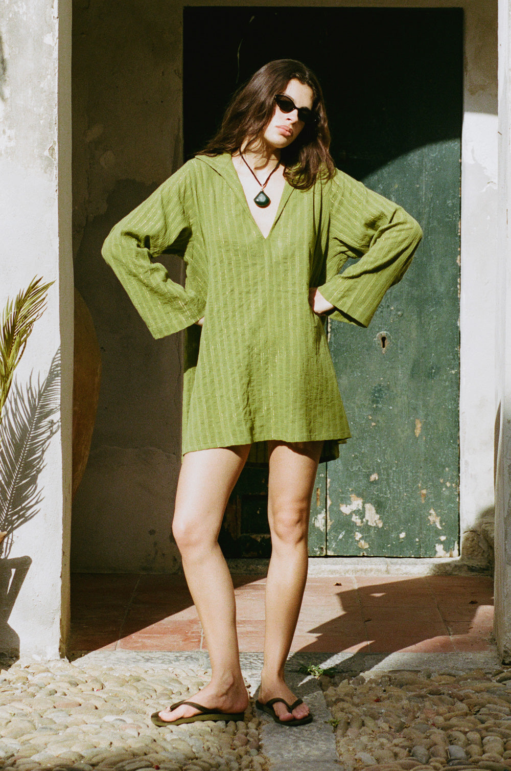 collared shift mini dress in kiwi/gold stripe - the lady & the sailor
