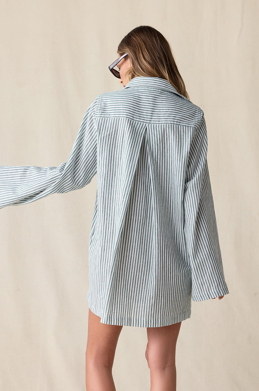 PLEATED MINI SHIRT DRESS IN GREEN STRIPE