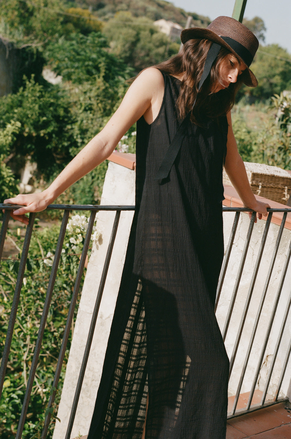 bateau maxi dress in black plaid gauze - the lady & the sailor