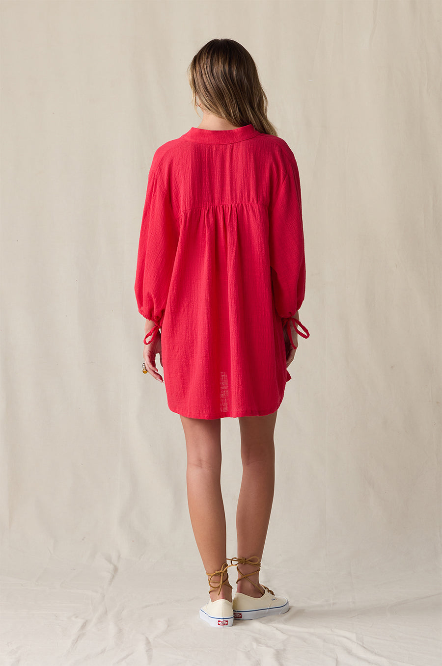 BILLOW SLEEVE MINI DRESS IN RED GAUZE