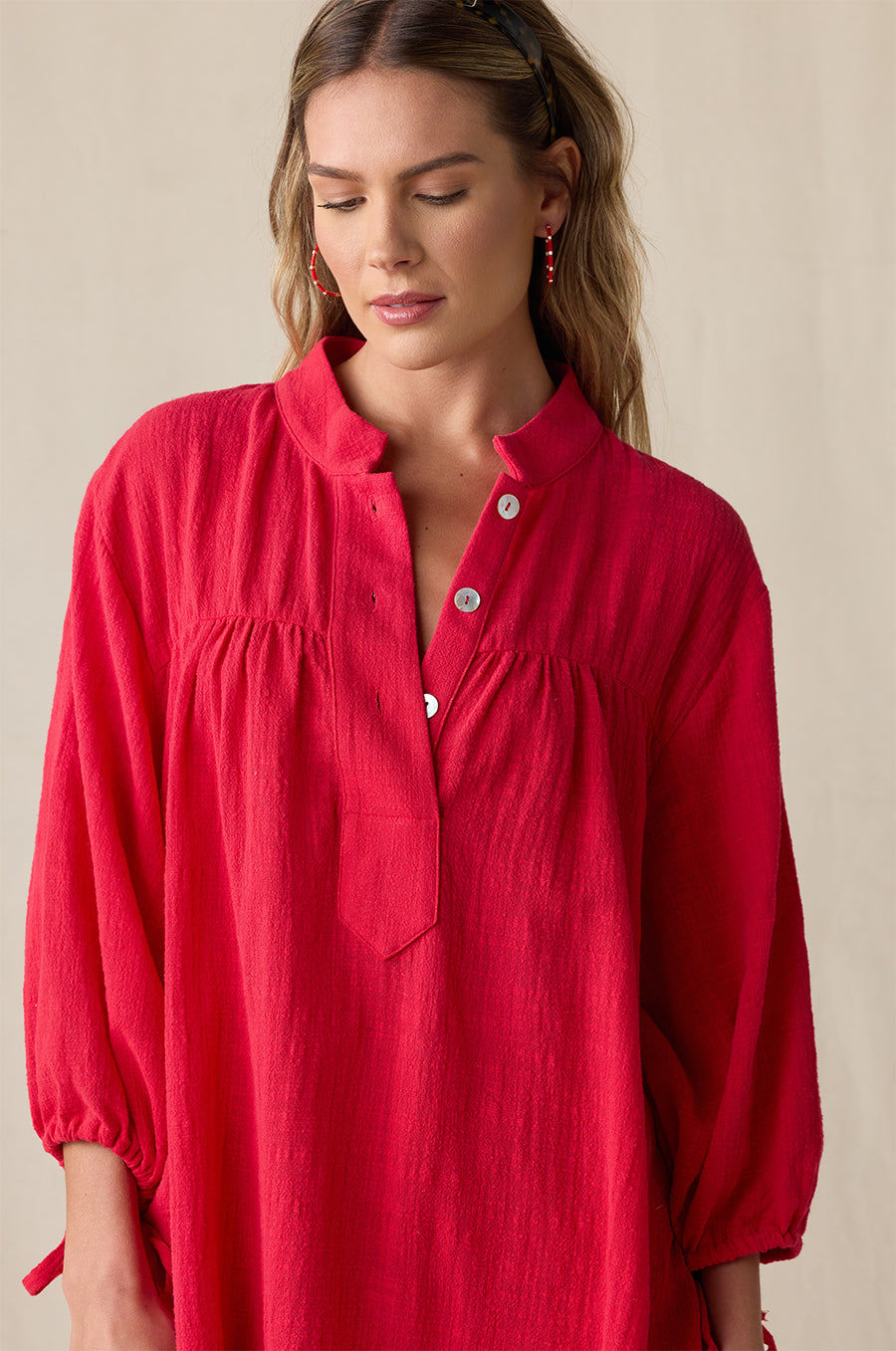 BILLOW SLEEVE MINI DRESS IN RED GAUZE