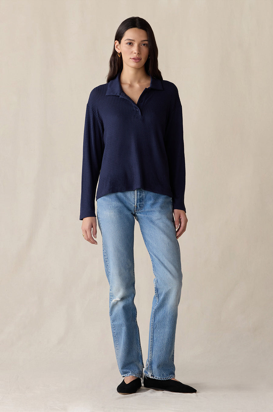 RELAXED POLO IN NAVY WAFFLE KNIT