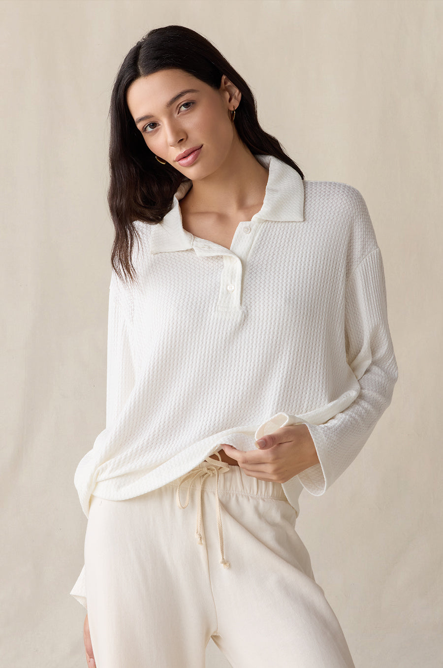 French Flare Pant in vanilla styled with the Relaxed Polo in ivory knit waffle - the lady & the sailor