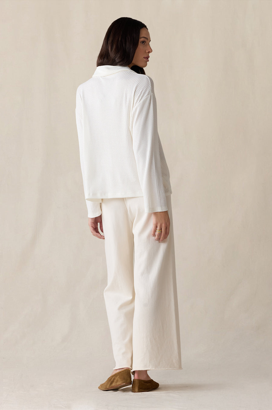 French Flare Pant in vanilla styled with the Relaxed Polo in ivory knit waffle - the lady & the sailor