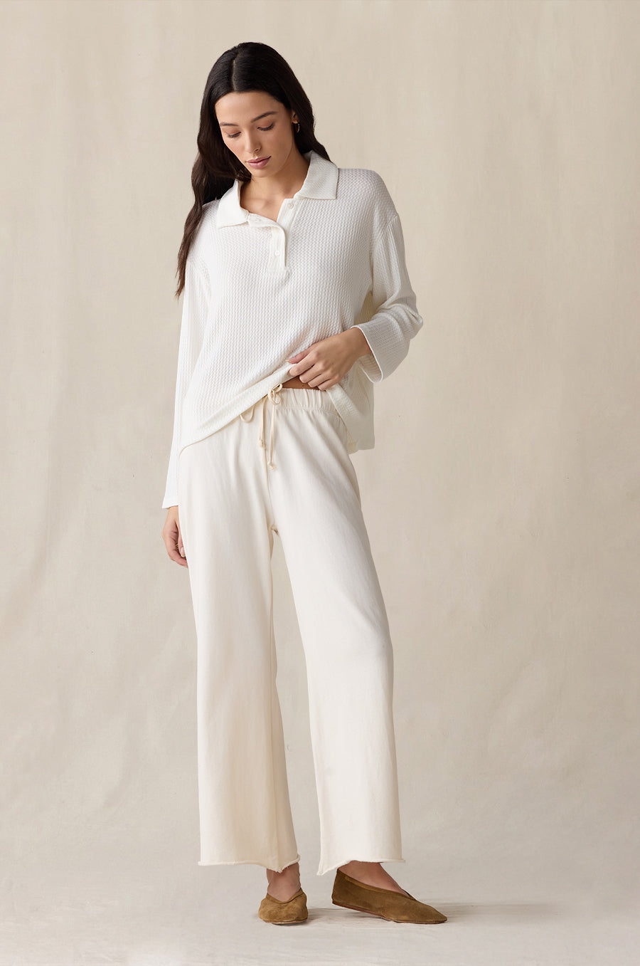 French Flare Pant in vanilla styled with the Relaxed Polo in ivory knit waffle - the lady & the sailor
