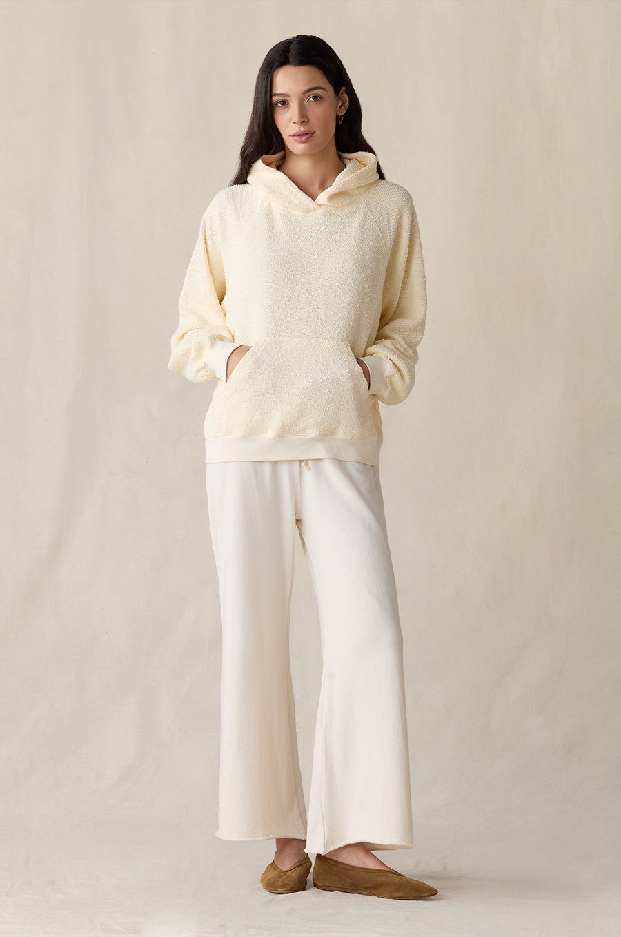 French Flare Pant in vanilla styled with the Tomboy Hoodie in crème bouclé - the lady & the sailor