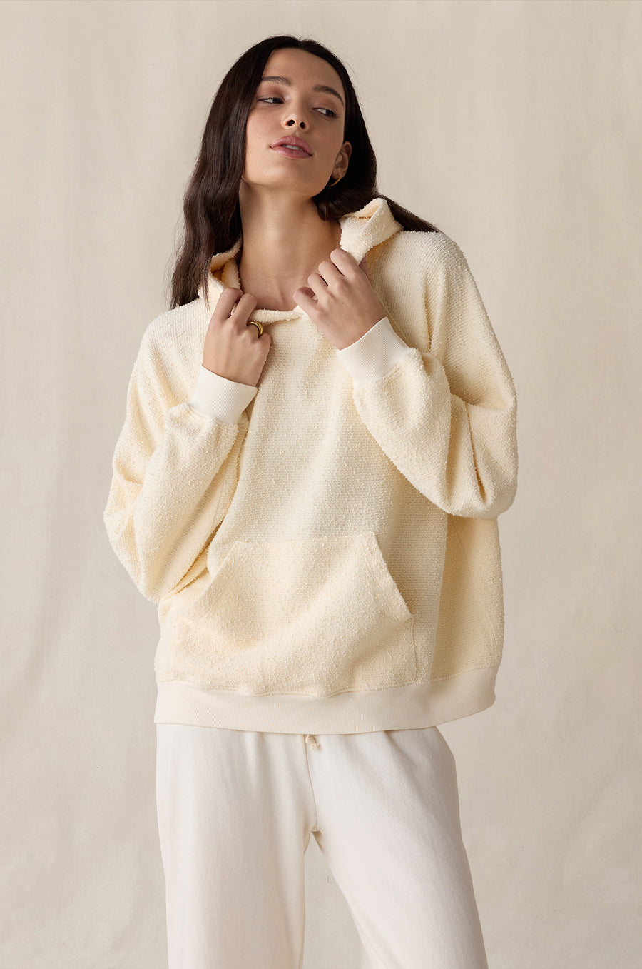 Tomboy Hoodie in crème bouclé styled with the French Flare Pant in vanilla - the lady & the sailor