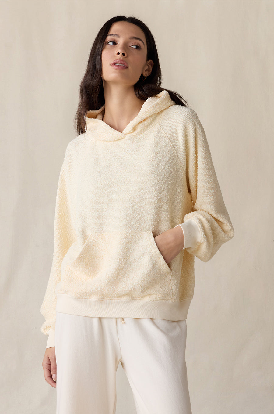 Tomboy Hoodie in crème bouclé styled with the French Flare Pant in vanilla - the lady & the sailor