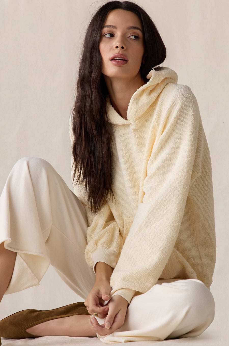 Tomboy Hoodie in crème bouclé styled with the French Flare Pant in vanilla - the lady & the sailor