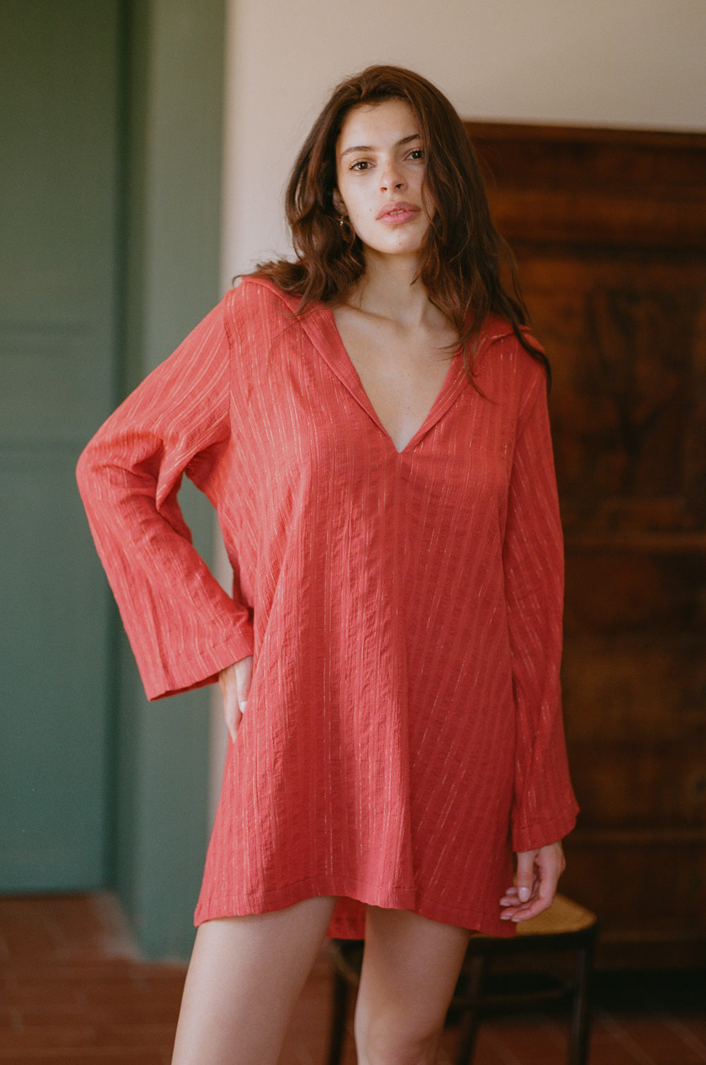 collared shift mini dress in sienna/gold stripe - the lady & the sailor