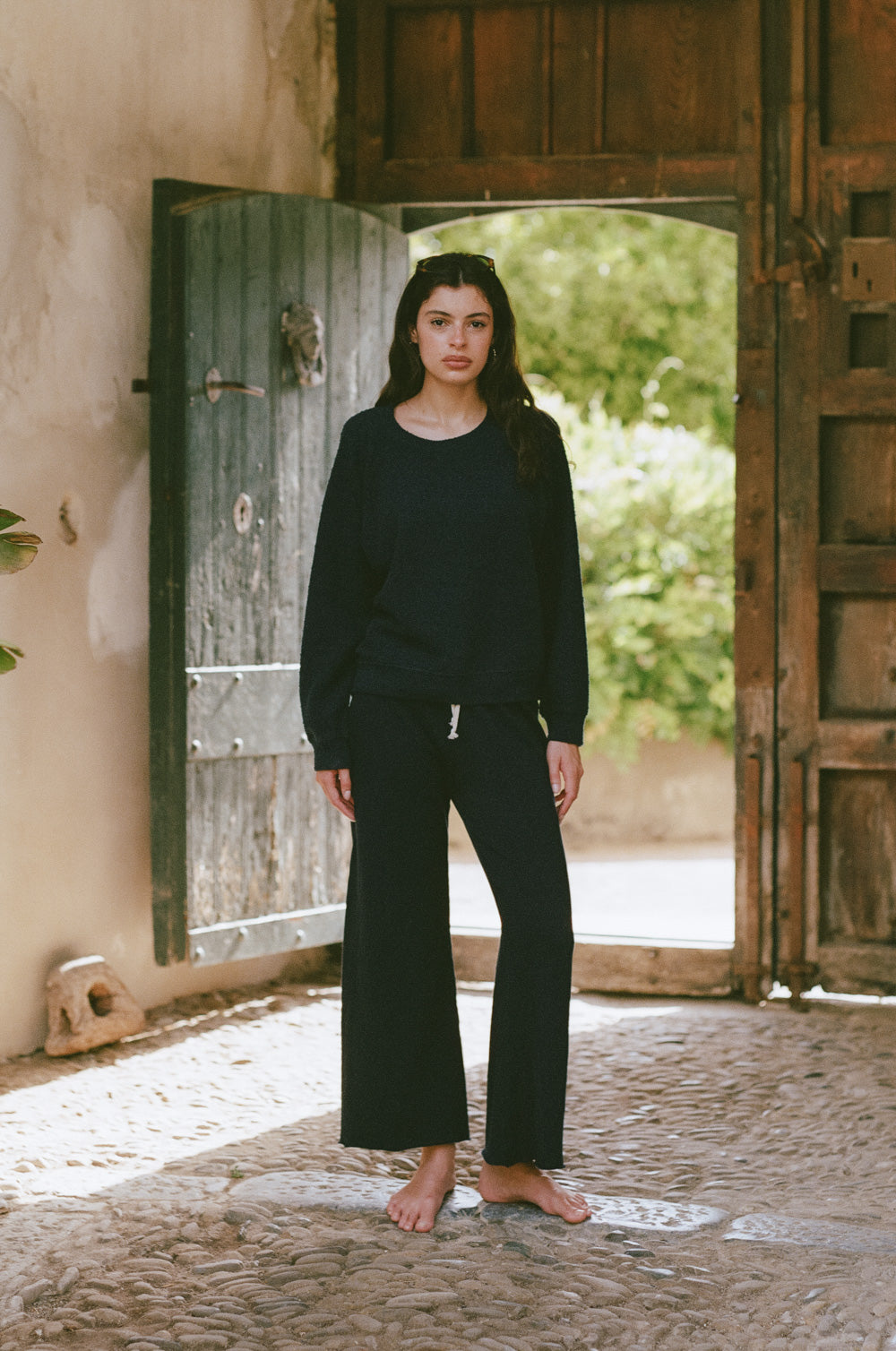 French flare pant in navy cotton and brentwood sweatshirt in indigo - the lady & the sailor