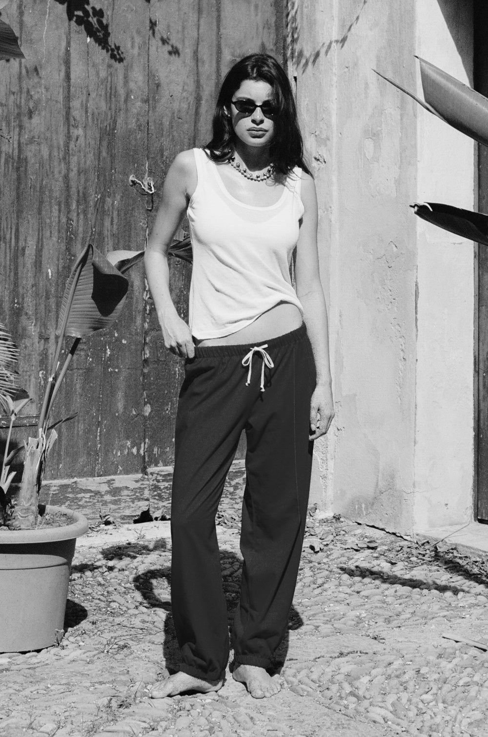 relaxed sweatpant in black jersey and the feather scoop tank in white sheer cotton - the lady & the sailor