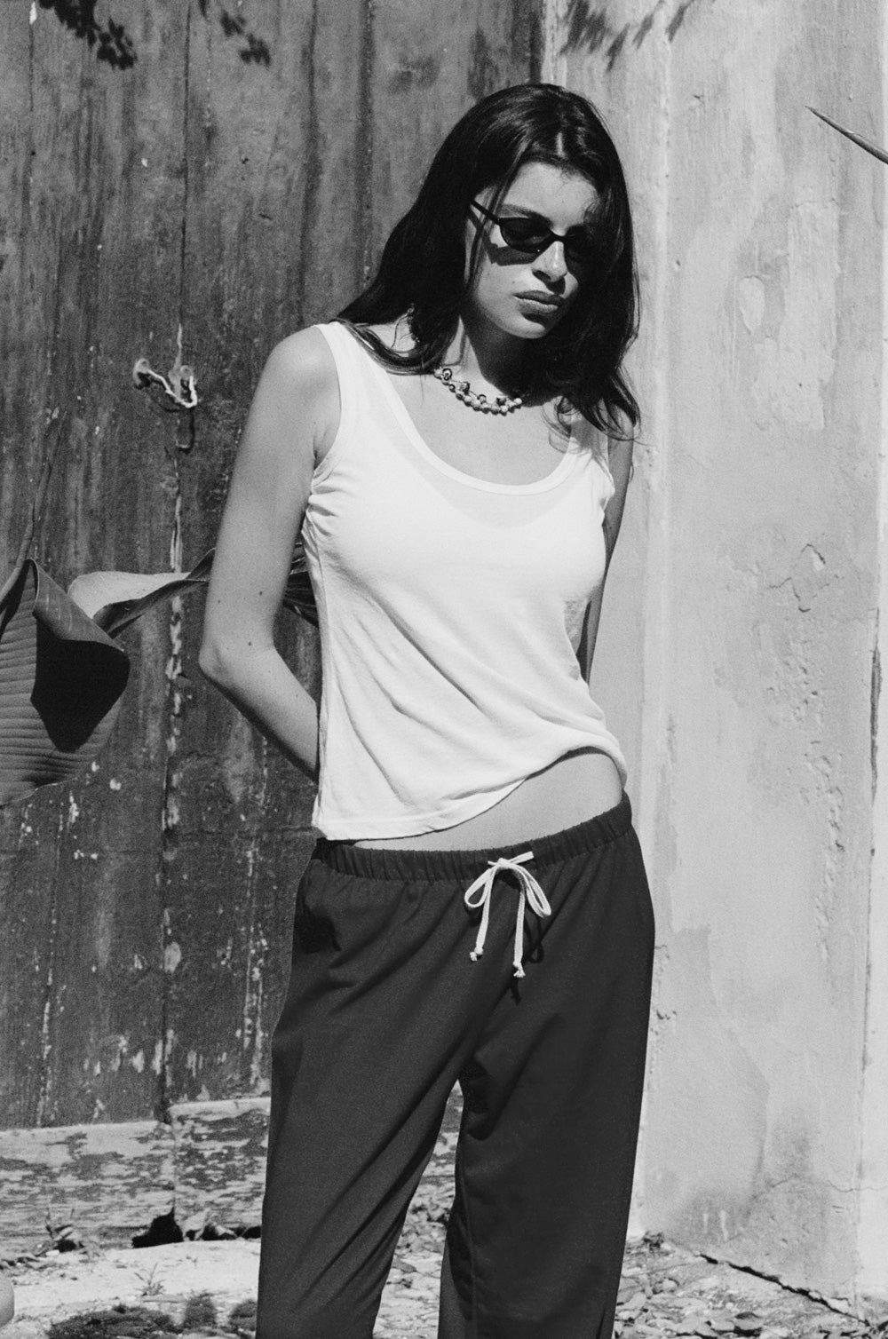 relaxed sweatpant in black jersey and the feather scoop tank in white sheer cotton - the lady & the sailor