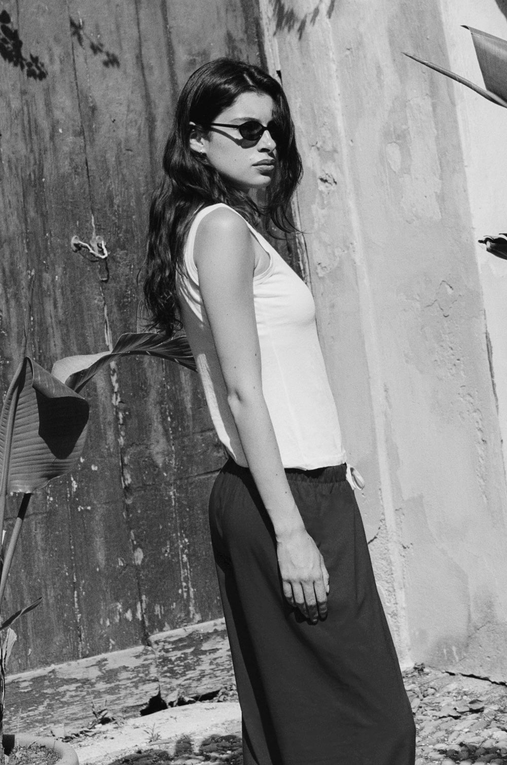 relaxed sweatpant in black jersey and the feather scoop tank in white sheer cotton - the lady & the sailor