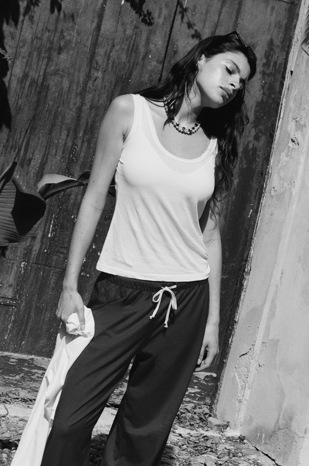 relaxed sweatpant in black jersey and the feather scoop tank in white sheer cotton - the lady & the sailor