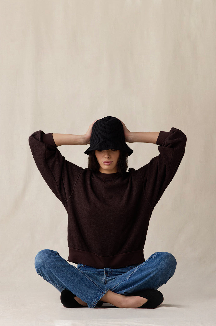 Knit Chapeau in Black styled with the Relaxed Fleece Sweatshirt in Espresso - the lady & the sailor
