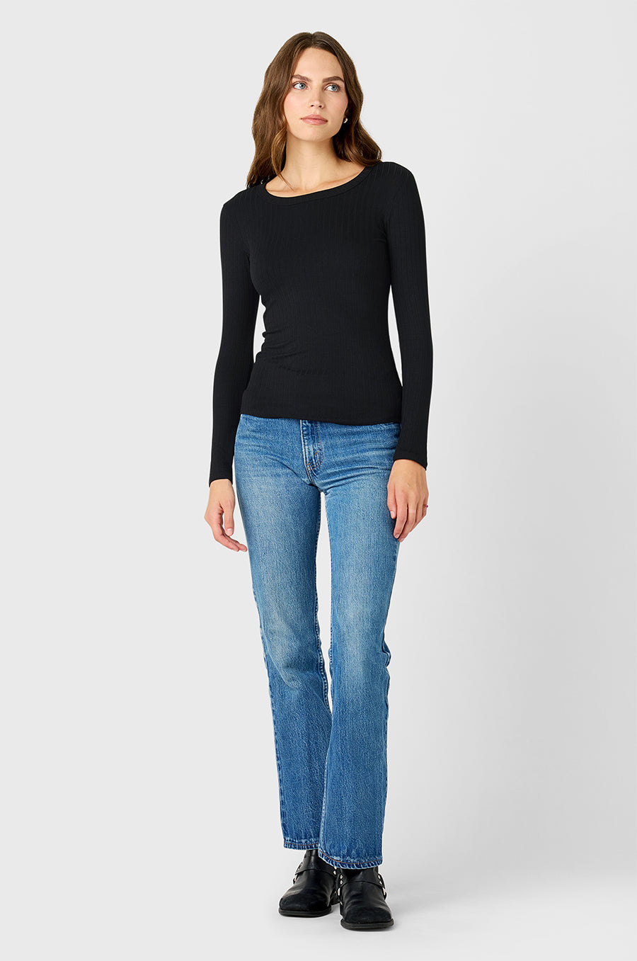 Model wearing the lady & the sailor's Pointelle Long Sleeve in Black.