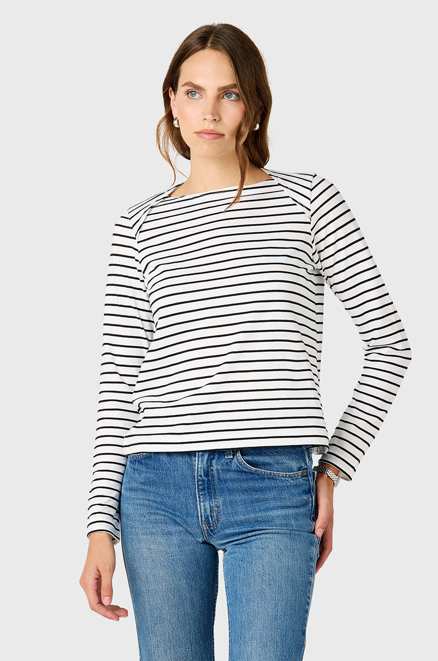 Model wearing The Lady & The Sailor Bateau Tee in Black Stripe.