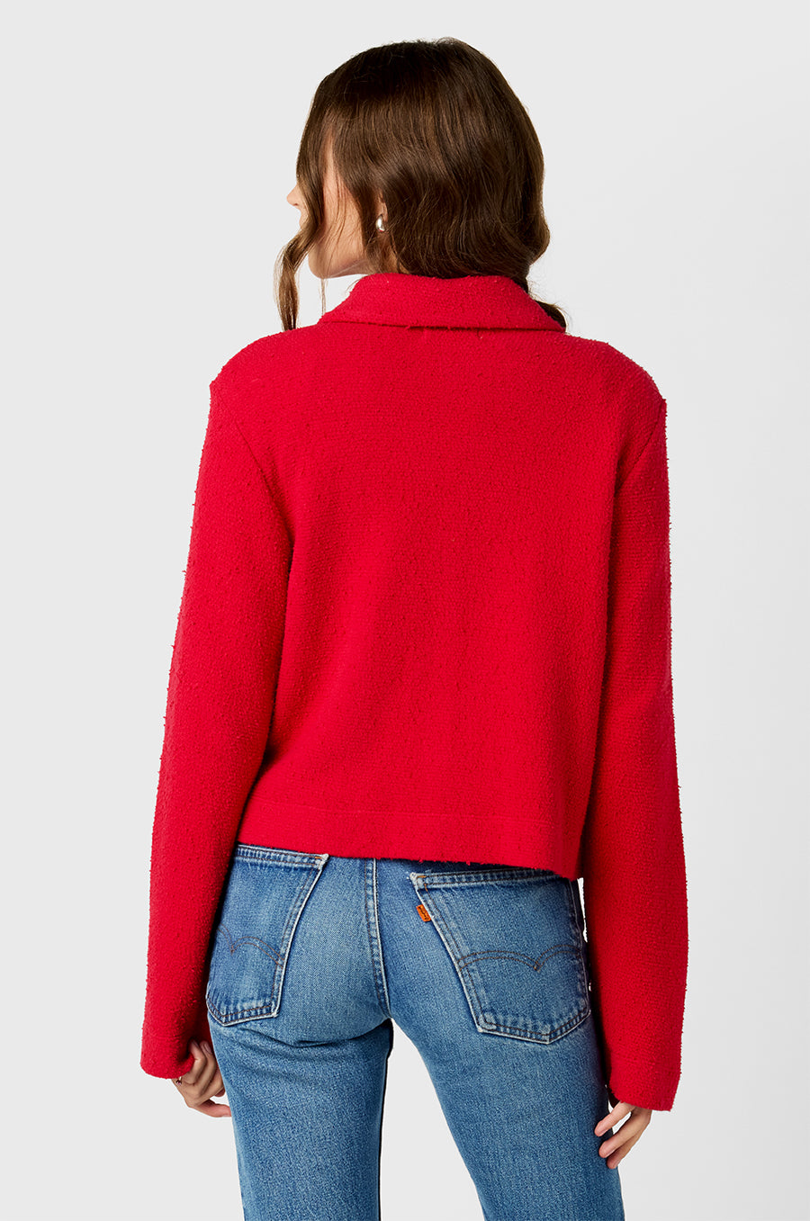 Model wearing The Lady & The Sailor Collared Cardi in Red Bouclé.