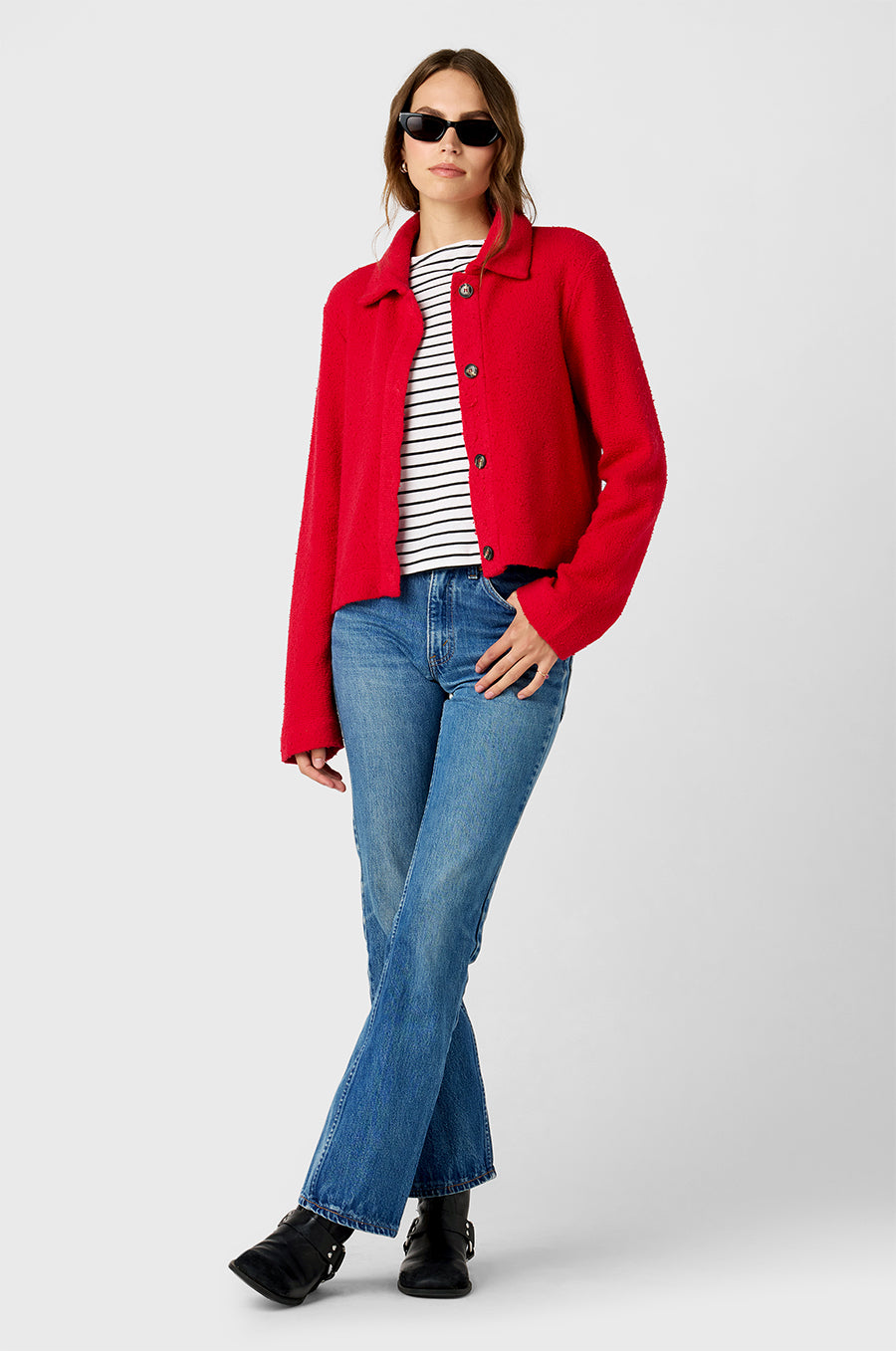 Model wearing The Lady & The Sailor Collared Cardi in Red Bouclé.