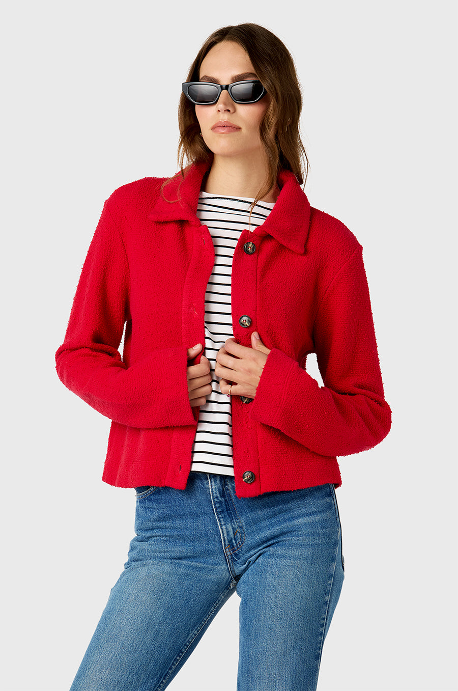 Model wearing The Lady & The Sailor Collared Cardi in Red Bouclé.