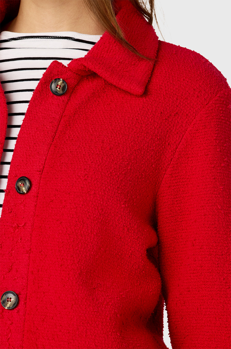 Model wearing The Lady & The Sailor Collared Cardi in Red Bouclé.
