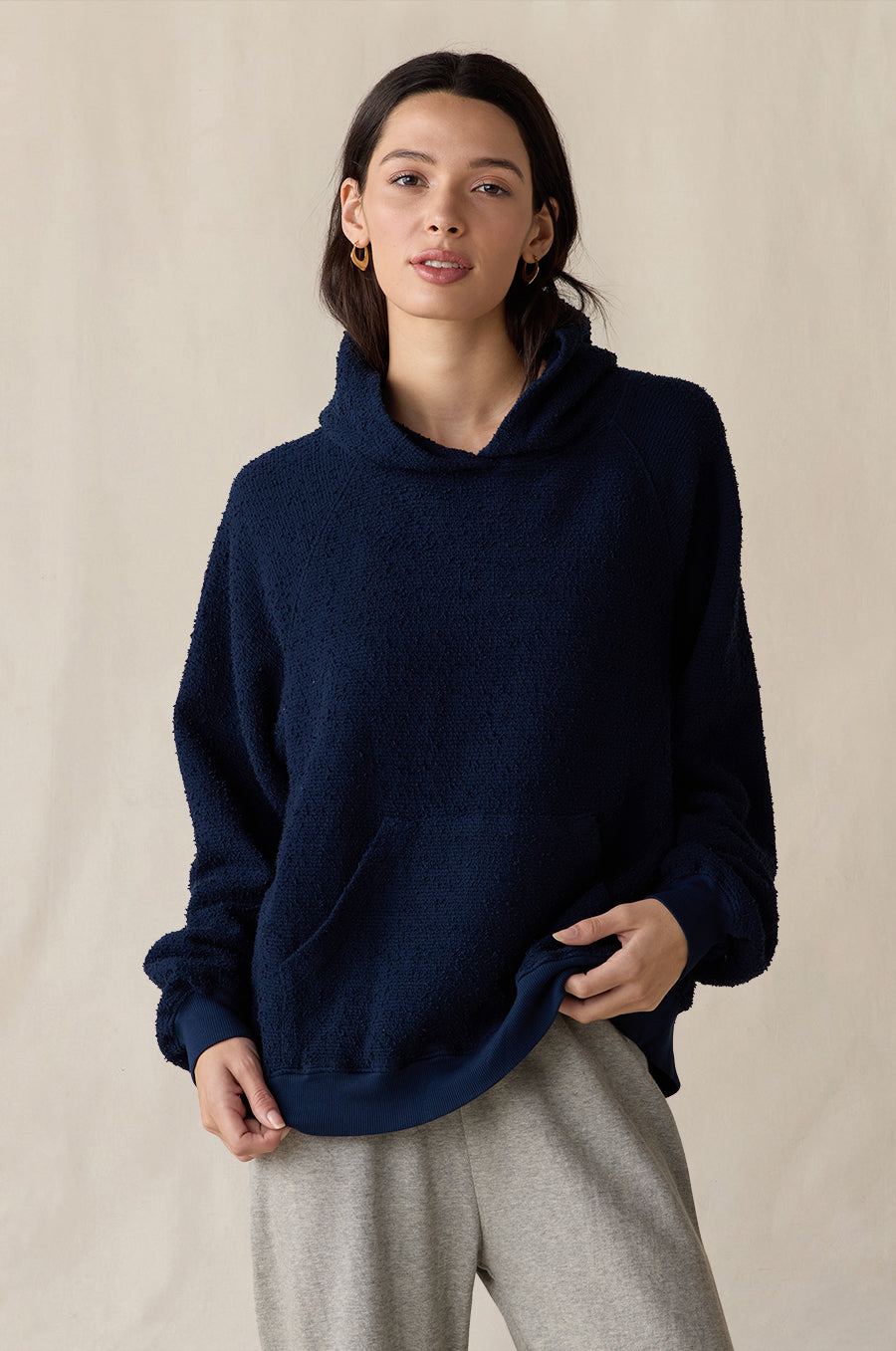 Tomboy Hoodie in indigo bouclé styled with the French Flare Pant in heather grey - the lady & the sailor